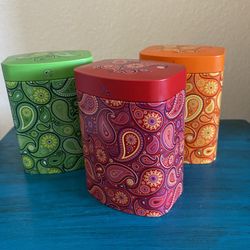 Set of 3 Paisley Tins 4”x3” Gifting Storage Display Red Green Orange