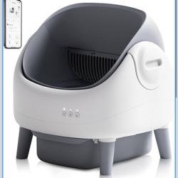 Open-Top Self Cleaning Litter Box, Automatic Cat Litter Box with APP Control, Dual Safety Sensors, Includes Trash Bags, Grey-White