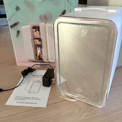 New Skincare Fridge, 6L/10 Can Mini Fridge With Dimmable LED Mirror, Portable Cooler Make Up