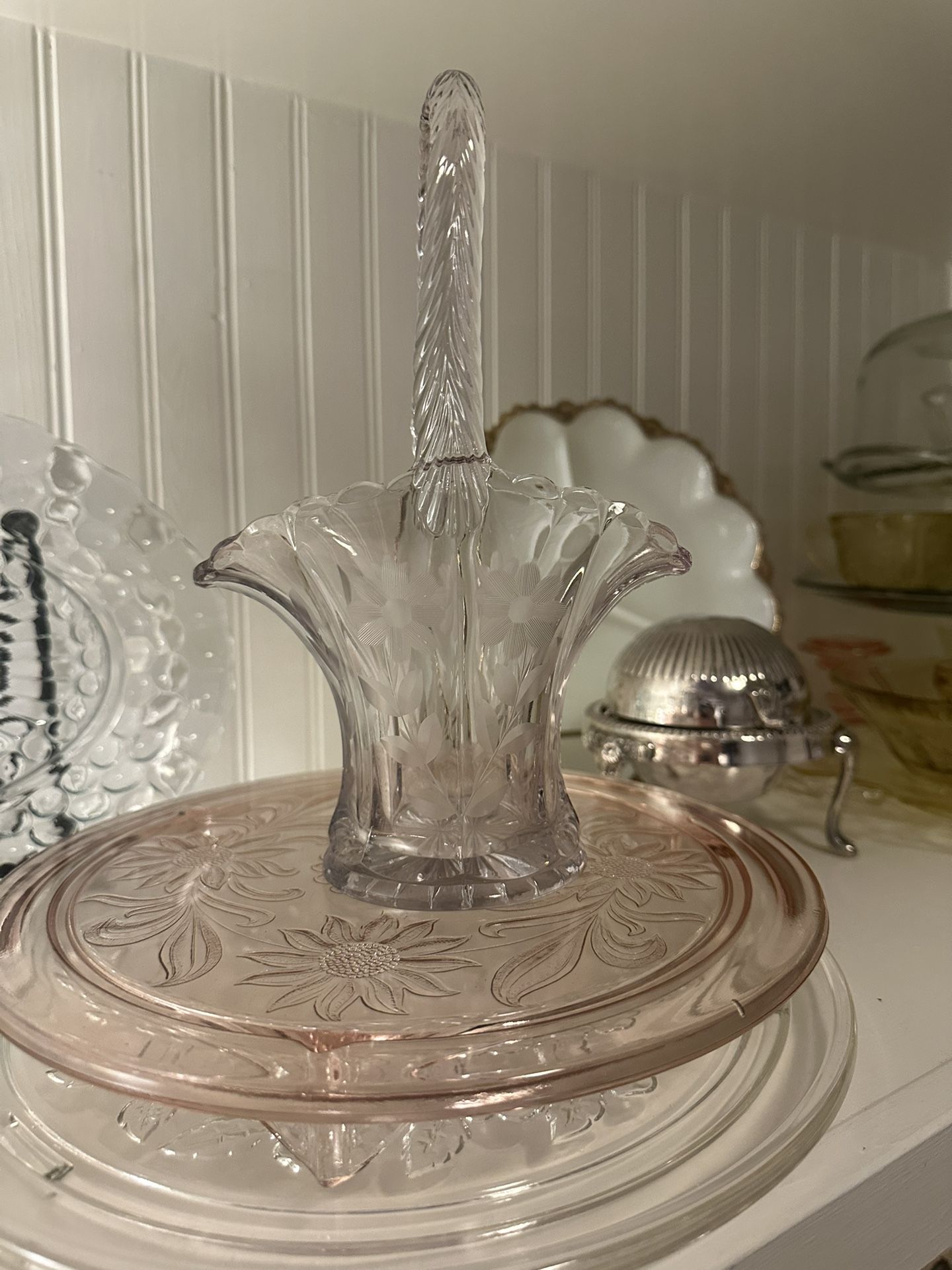 Vintage Duncan Miller PATD Crystal Floral Etched Basket Vase