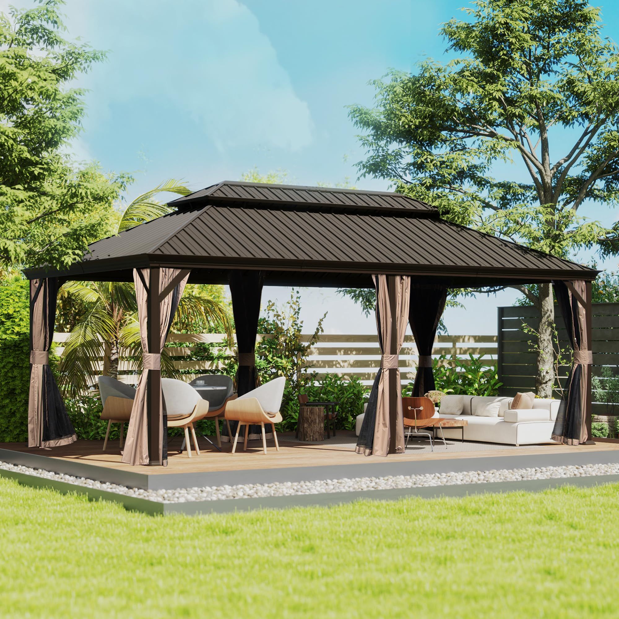 12' X 18' Hardtop Gazebo, Upgraded Metal Gazebo with Drainage System, Dual-Layer Galvanized Steel Roof, Curtain and Netting, Outdoor Shelter Canopy fo