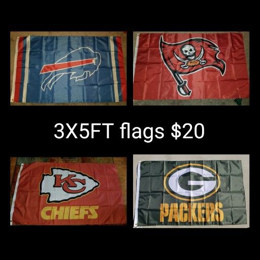 Greenbay Packers Flags, Bills, Buccaneers, Chiefs, Dodgers, Raiders, Lakers, Chargers, Patriots. 3x5ft flags $20