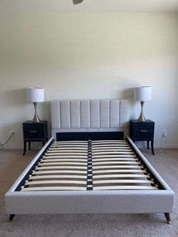 DG Casa Collette Mid Century Modern Tufted Upholstered Platform Bed Frame with Vertical Channel Headboard and Full Wooden Slats, Box Spring Not Requir