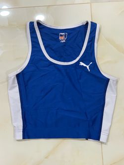 blue and white Puma running crop top tank