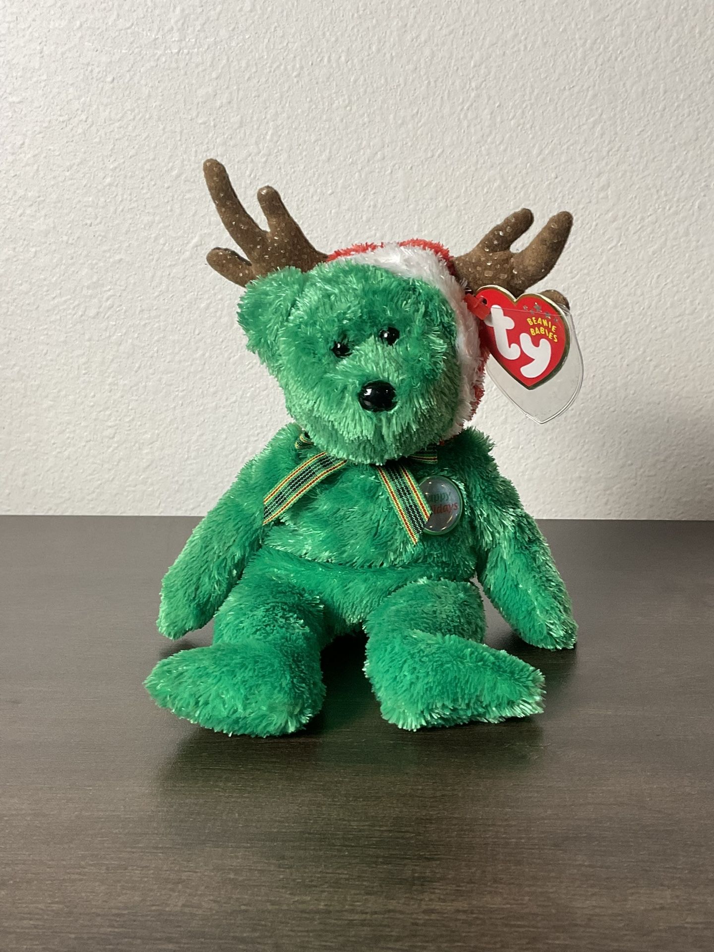 Ty Beanie Baby 2002 Holiday Teddy the Bear Green Plush Retired Mint Antlers