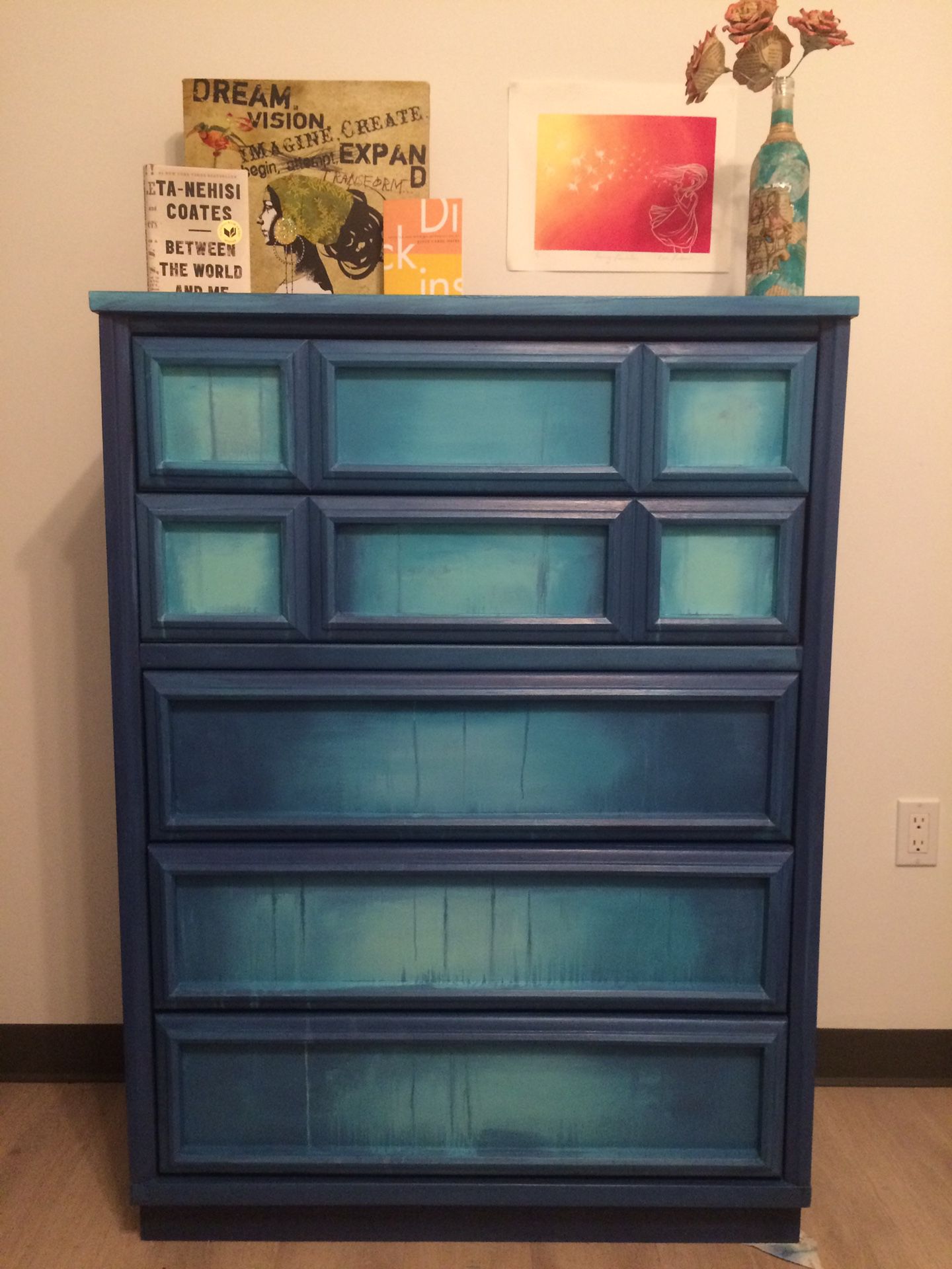One or a kind, hand painted, teal dresser