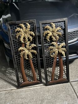Set of 2 Tropical Palm Tree Metal Wall Art Decor Panels – Indoor/Outdoor