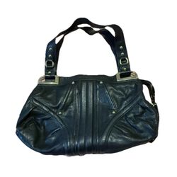 B. Makowsky Black Leather Tote Handbag with Double Handled Zipper and Pockets 