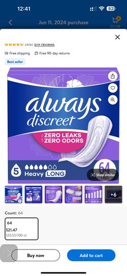 New Always Discreet Incontinence Pads, Heavy Absorbency, Long Length, Lightly Scented 64 CT