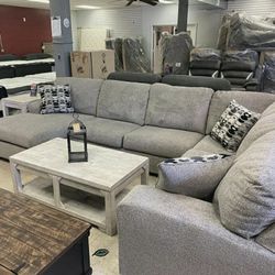 Ballinasloe Gray Sectional

Chaise: 39"W x 60"D x 39"H - 96lbs
Loveseat: 64"W x 38"D x 39"H - 87lbs.
Sofa: 92"W x 38"D x 39"H - 140lbs