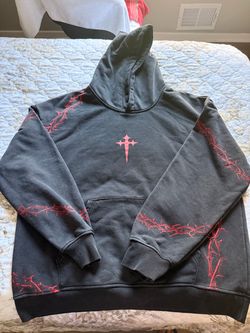 Dark Gray Hoodie with Red Cross and Thorn Print