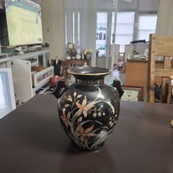 Vintage Fine China Urn Vase Black With Beautiful Floral Motif, Made In Japan 8"H X 7"W