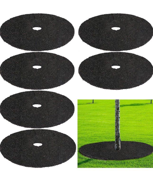 Peryiter 6 Pcs Rubber Mulch Tree Ring, Heavy Duty Rubber Mulch Mat, Tree Protector Weed Barrier Mats, Round Root Barrier for Weed Grass Control Root P