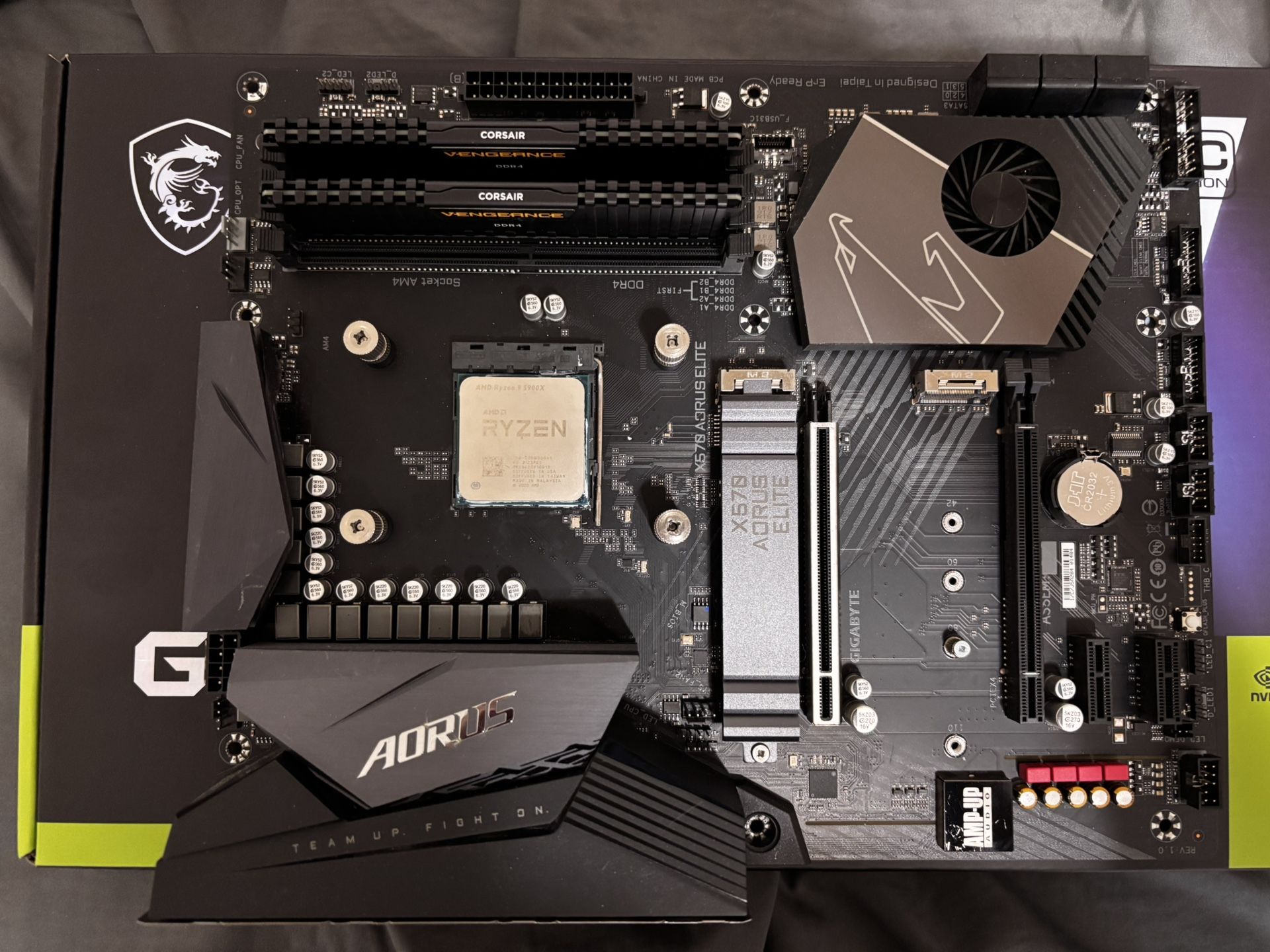 AMD Ryzen 5900x 12 core CPU, Gigabyte X570 Aorus Elite, 32GB Corsair Vengeance 3600c16 RAM. 