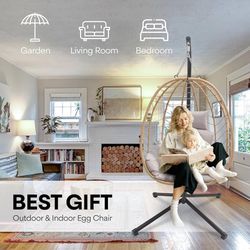 Patio Hanging Egg Chair with Stand Patio Hammock Swing Chair Basket Wicker Rattan Adjustable Height UV Resistant Indoor Outdoor Use 300Lbs Beige