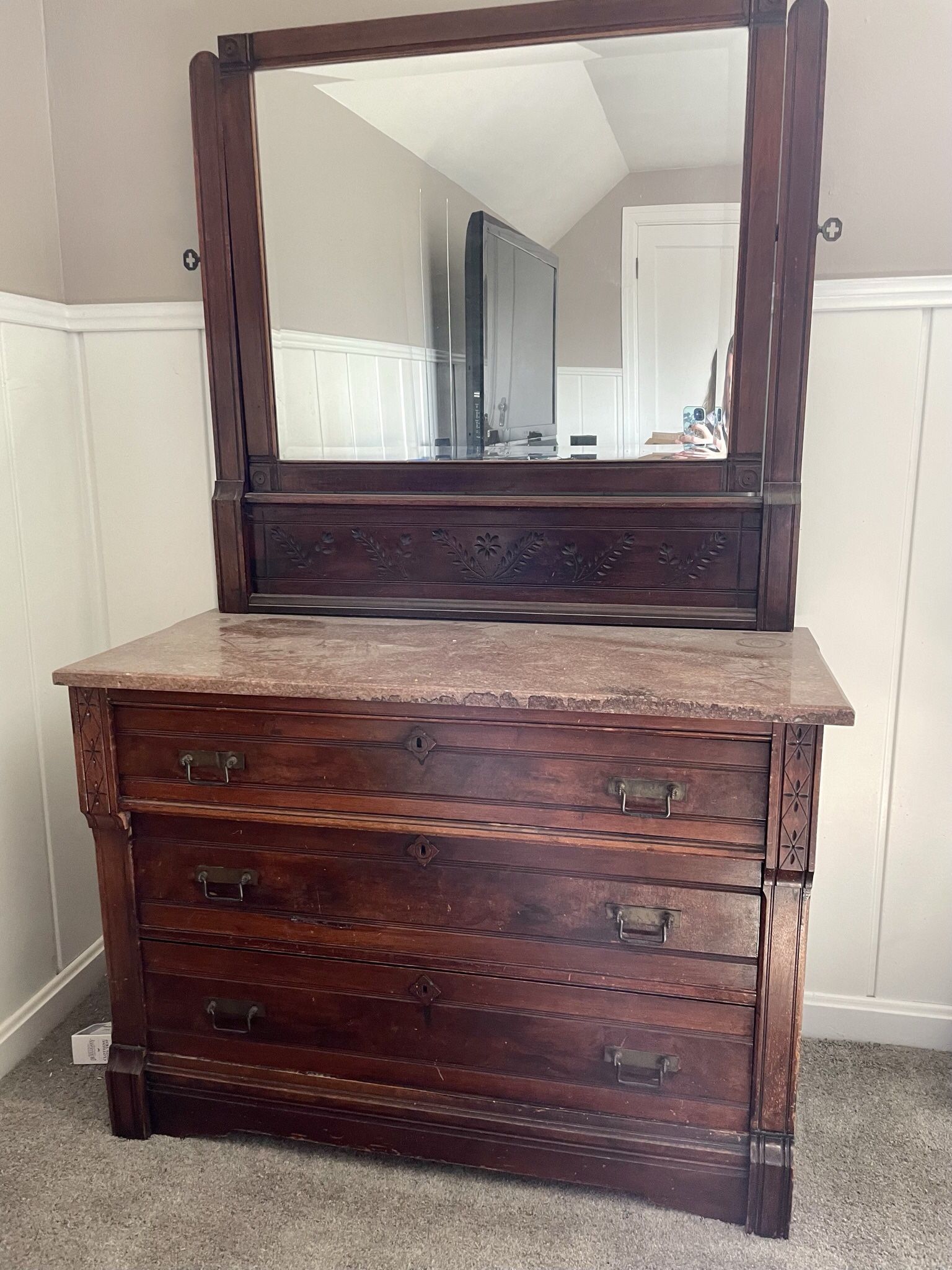 Antique Dresser With Marble Top & Mirror