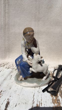 Title: Vintage 1950s Soviet Porcelain Figurine "Alyonushka with a Kid" - Authentic LZFI factory mark.