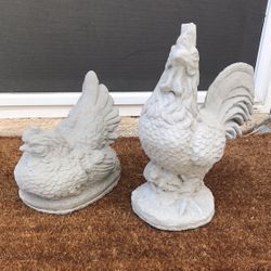 New Rooster And Chicken Made Out Of Cement 15in X13in