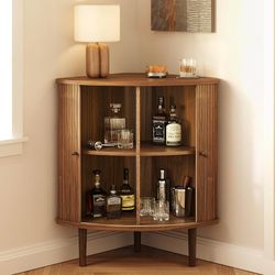 WERMO 30" Fluted Corner Bar Cabinet Walnut Sliding Door Storage Cabinet