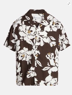 NWT Boxy Fit Linen Blend Patterned Resort Shirt in Brown Basket Floral Large