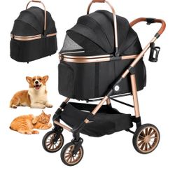 Pet Stroller for Medium Dogs Cats Up to 44 lbs, All-Terrain 3-in-1 Dog Stroller with Detachable Carrier, Rubber Wheels, One-Click Folding, Storage Bas