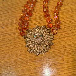 Heidi Daus Crystal Statement Necklace – Double Strand Beads – Large Rhinestone Pendant