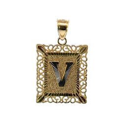 Woman’s Ladies 14k Yellow Gold V Initial Picture Frame Pendant For Necklace GP3121042