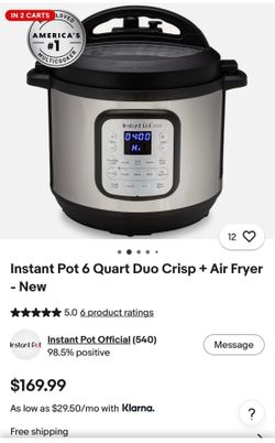 InstaPot 6qt Duo Crisp, Air Fryer + Multi Use Small Pressure Cooker to Roast, Bake, Dehydrate