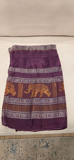 Brand New Thai Lightweight Silk Elephant Purple and Gold Scarf 73x20 Inches