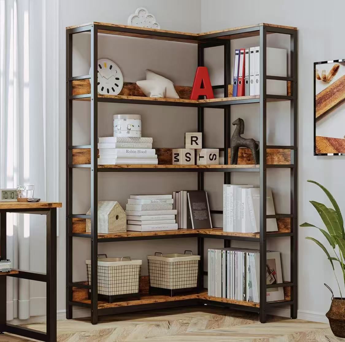 🥨IRONCK Industrial Bookshelves Corner Bookcases with Baffles Etagere Shelf Storage Rack with Metal Frame for Living Room Home Office 