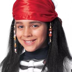 FRANCO Kids Childs Long Black Buccaneer Costume Pirate WIG w/ Scarf & Beads