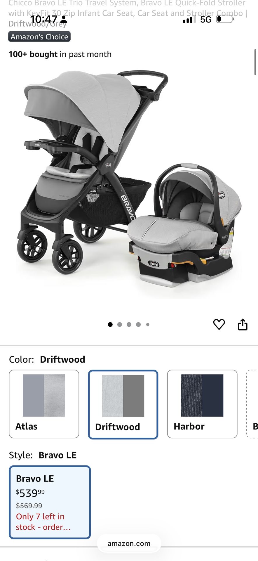 Chicco Bravo LE Trio Travel System, Bravo LE Quick-Fold Stroller with KeyFit 30 Zip Infant Car Seat, Car Seat and Stroller Combo | Driftwood/Grey