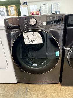 New open box  LG 4.5 Cu. Ft. Stackable SMART Front Load Washer in Black Steel with Steam and TurboWash360 Technology