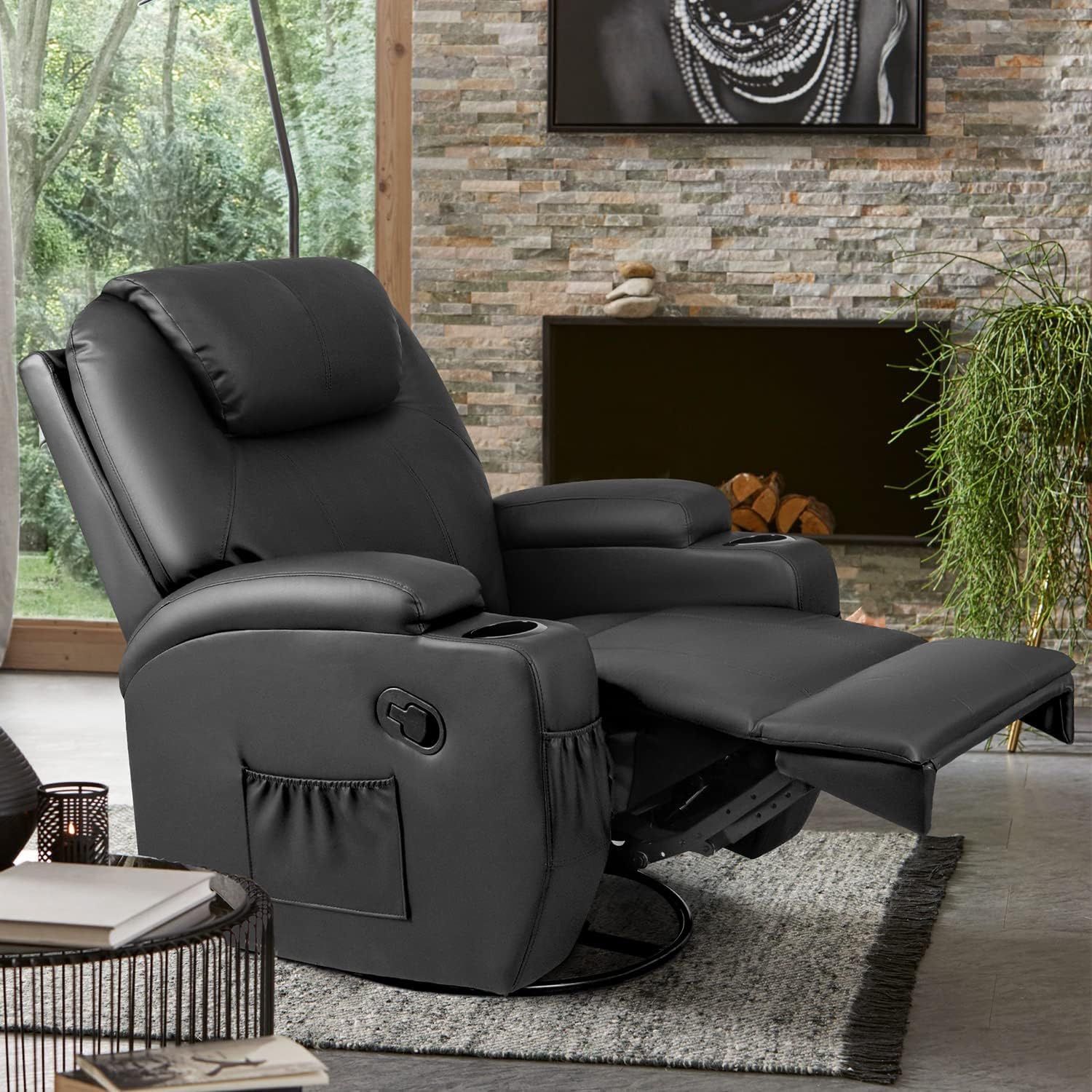 Brand new Swivel Recliner with Massage Functions Sofa with Remote Control and Two Cup Holders Suitable for Living Room PU Leather Dark Black New