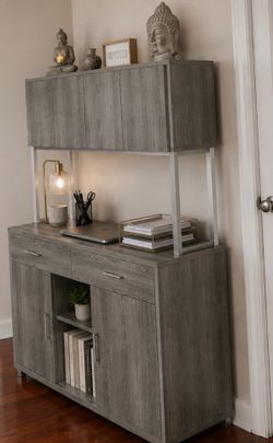 Gray Wood Credenza Desk with Hutch and Storage