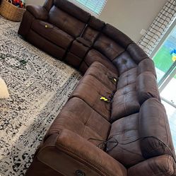 Brown Sectional Couch, 4 Recliner Seats 