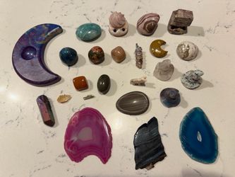 Assorted Crystal Stones and Resin Moon Sphere Holder, Agate Slices, Tumbles, Crystal Buddies Carvings, Crystal Witch Hats