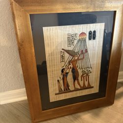 Egyptian papyrus painting wood framed signed 21.5x25 wall hanging art