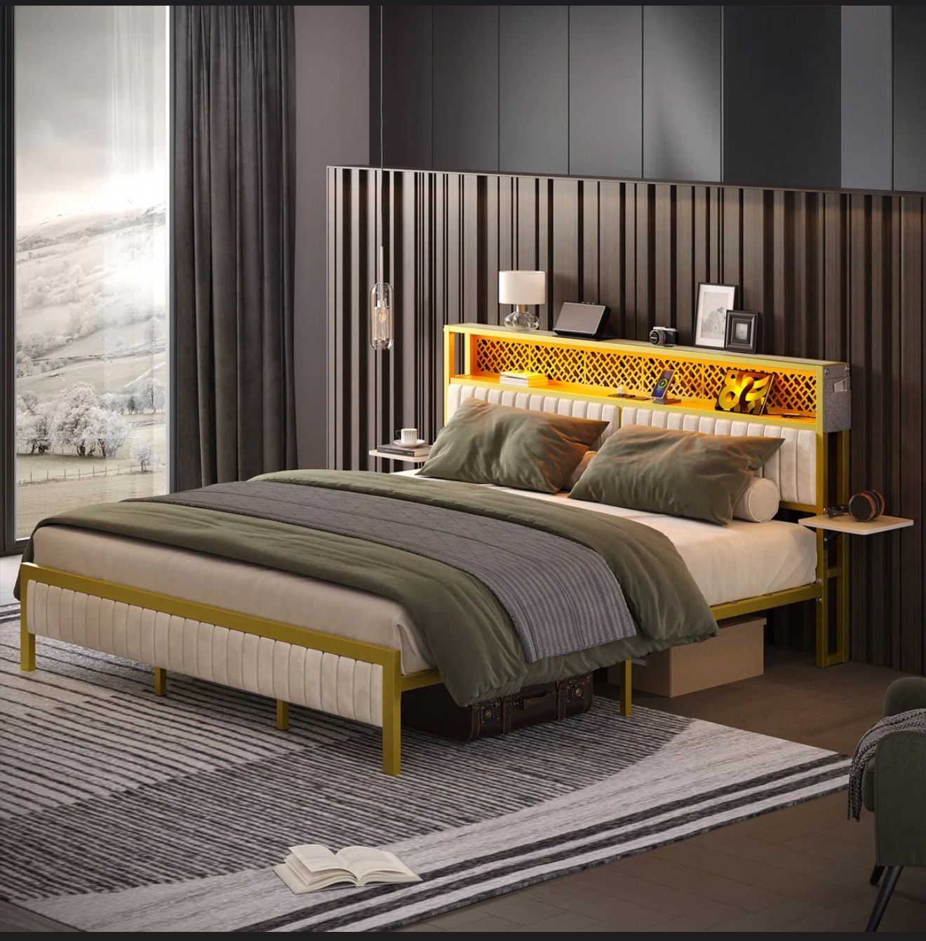 Brand New King Size Bed Frame with LED Lights, Storage & Charging Ports