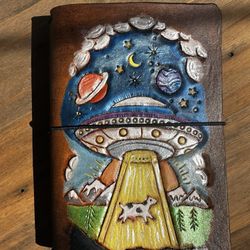A6 Travelers Notebook UFO And Cow Handtooled 