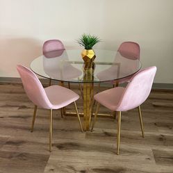 Barbie Pink Velvet  Gold Round Kitchen Table Set for 4