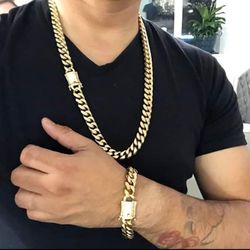 12MM Diamond Lock Cuban Link Set 14K Gold Plated Doesn't Loses Color