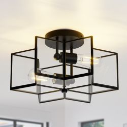 2-Light 16.3'' Black Modern Star Semi Flush Mount Chandeliers, Brass Trim Craft Hexagon Star Ceiling Light Fixture