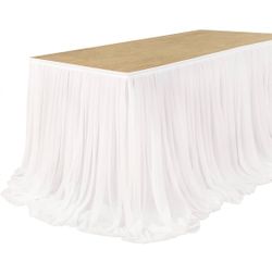 Ling's Moment 9FT White Chiffon Table Skirt Recycle Use Extra Long Sheer Tablecloth For Backyard Wedding Reception Decorations Birthday Party Cake Des