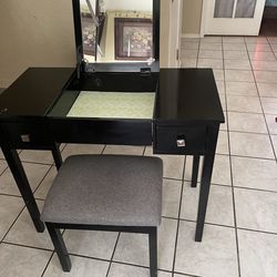 Black Vanity Desk w/ Flip-Top Mirror & Stool