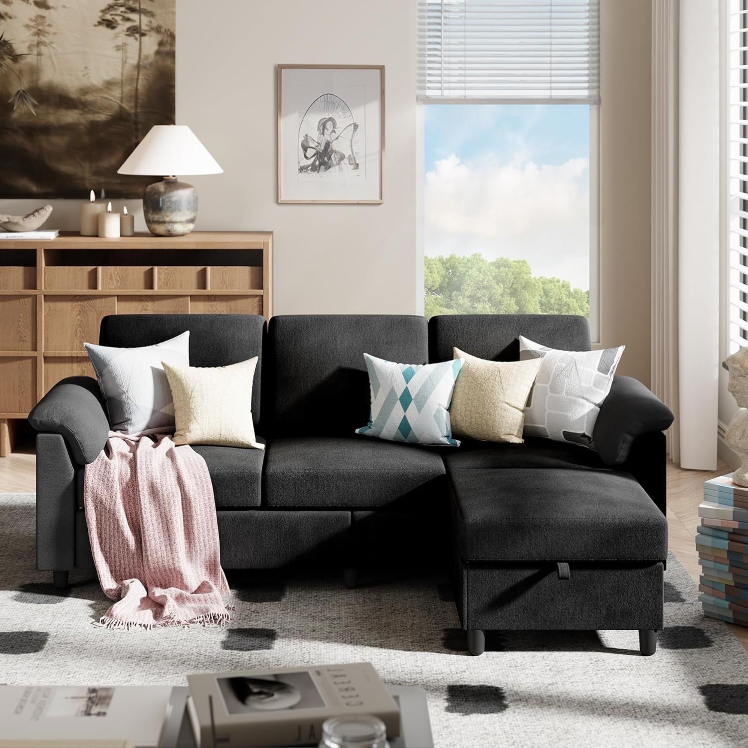 New Mid Century 79" Convertible Sectional Sofa, 3 Seater L Shaped Couch with Removable Linen Fabric Pillows, Mid Century Small Sofa for Living Room, A