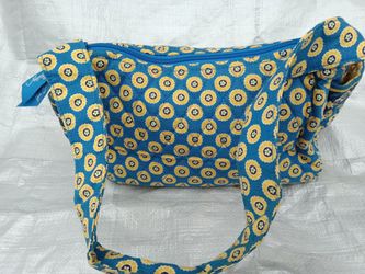 Brand: Vera Bradley
Style: Mini Shoulder Bag / Baguette Bag
Pattern: Retro geometric dot pattern with small flowers in the center
Dimensions: 10 inche