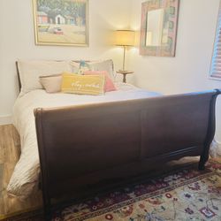 MUST GO - Cherry Sleigh bed frame & Mattress/Box Spring (Queen Size)