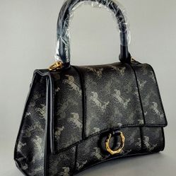 Monogram Print Vegan Handbag-Black/Gold Ring