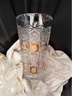 Vintage Amber and Clear Hand Cut Crystal Vase